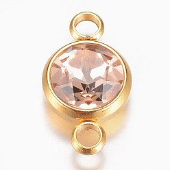 Light Peach Glass Links connectors, Faceted, with 304 Stainless Steel Findings, Flat Round, Golden, Light Peach, 17.5x10x6.5mm, Hole: 2.5mm
