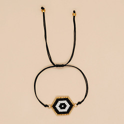 Black Hexagon with Evil Eye Glass Seed Braided Bead Bracelet for Women, Black, 11 inch(28cm)