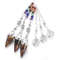 Tiger Eye Chakra Jewelry Natural Tiger Eye Cone Dowsing Pendulums, with Brass Finding and Alloy Chain, Antique Silver, 235~245x2.5mm