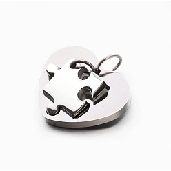Stainless Steel Color Valentine's Couple Jewelry Lovers 304 Stainless Steel Heart with Puzzle Jigsaw Split Pendants, Stainless Steel Color, 17x17x3mm, Hole: 5mm, 24x28x3mm, Hole: 7.5mm