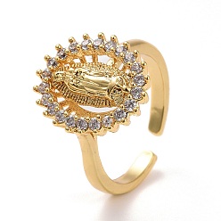 Настоящее золото 18K Регулируемые латунные кольца микро манжеты из прозрачного циркония, открытое кольцо, без свинца и без кадмия, овальные с рисунками " virgin mary", реальный 18 k позолоченный, 2.5 мм, внутренний диаметр: 16.5 мм, овальный : 15.5x13.5 mm
