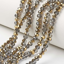 Verge D'or Plaquent verre transparent perles brins, la moitié plaqué or, facette, rondelle, verge d'or, 4x3mm, Trou: 0.4mm, Environ 130 pcs/chapelet, 16.54 pouce (42 cm)