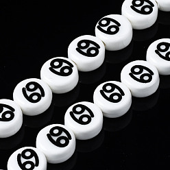 Cancer Handmade Porcelain Ceramic Beads Strands, Printed, Flat Round with Constellation, Cancer, 10~11x5mm, Hole: 2mm, about 30pcs/strand, 11.81 inches(30cm)