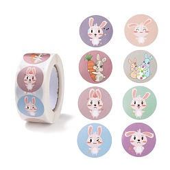 Кролик 8 узоры на пасхальную тематику самоклеящиеся рулоны бумажных наклеек, с кроликом шаблон, круглые наклейки, подарочные наклейки, разноцветные, Картина кролика, 25x0.1 мм, 500шт / рулон