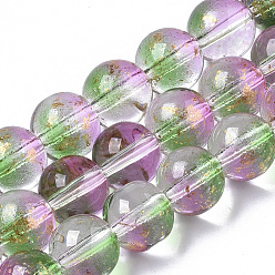 Medium Sea Green Transparent Spray Painted Glass Bead Strands, with Golden Foil, Round, Medium Sea Green, 8~9mm, Hole: 1.2~1.5mm, about 46~56pcs/Strand, 14.37 inch~16.3 inch(36.5~41.4cm)