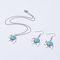 Synthetic Turquoise 304 Stainless Steel Jewelry Sets, Earrings & Necklaces, with Synthetic Turquoise & Antique Silver Plated Alloy Elephant Pendants, with Cardboard Jewelry Set Boxes, 17.5 inch(44.5cm), 44mm, Pin: 0.5mm