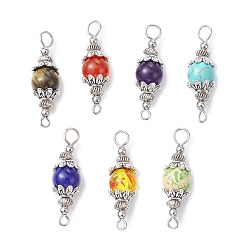 Mixed Stone 7Pcs 7 Styles Mixed Gemstone Round Connector Charms, with Antique Silver Tone Alloy Bead Caps, Dyed and Undyed, 29.5x8.5mm, Hole: 1.8mm and 3.3mm, 1pc/style