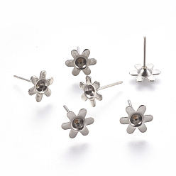 Stainless Steel Color 304 Stainless Steel Ear Stud Components, 6-Petal, Flower, Stainless Steel Color, 13mm, Flower: 8x9x2mm, Tray: 3mm, Pin: 0.7mm