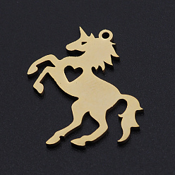 Golden 201 Stainless Steel Pendants, Horse with Heart, Golden, 28x25x1mm, Hole: 1.4mm