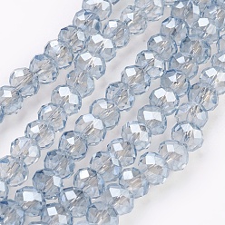 Bleu Clair Perles en verre electroplate, perle plaquée lustre, facette, rondelle, bleu clair, 6x4~5mm, Trou: 0.8~1mm, Environ 85~88 pcs/chapelet, 16.1~16.5 pouce (41~42 cm)