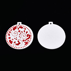 White Christmas Spray Painted Wood Big Pendants, with Single-Sided Printed, Flat Round Charm with Floral Pattern, White, 59x55x2.5mm, Hole: 3mm
