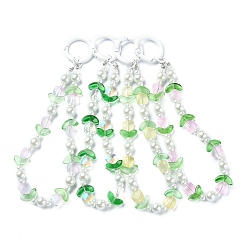Mixed Color Tulip Transparent Glass Beaded Pendant Keychain, with Alloy Spring Gate Rings and Glass Pearl Beads, Mixed Color, 16cm