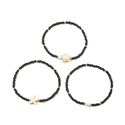 Белый 3 шт. 3 набор эластичных браслетов из синтетической бирюзы и стеклянного бисера, круглый, морская звезда и черепаха, белые, внутренний диаметр: 2-3/8 дюйм (6 см), 1 шт / стиль