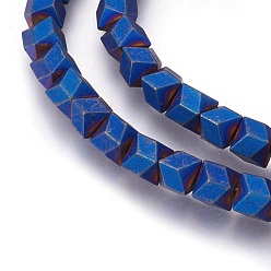 Blue Plated Electroplated Non-magnetic Synthetic Hematite Beads Strands, Frosted, Blue Plated, 6x5.5x6mm, Hole: 1mm, about 74pcs/strand, 15.94 inch(40.5cm)