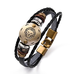 Leo Braided Leather Cord Retro Multi-strand Bracelets, with Wood Beads, Hematite Beads and Alloy Findings, Flat Round,  Antique Bronze, Leo, 8-1/4 inch(21cm)