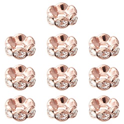 Or Rose Séparateurs perles en verre avec strass en laiton, Grade a, bord ondulé, rondelle, cristal, or rose, 6x3mm, Trou: 1mm