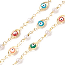 Colorful Brass Horse Eye Link Chains, with CCB Imitation Pearl & Glass Beads, Soldered, with Spools, Cadmium Free & Lead Free, Real 18K Gold Plated, Colorful, 16x6x3mm, 12x4mm