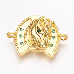 Golden Brass Micro Pave Cubic Zirconia Links, Horse Head with Horse Shoe, Lime Green, Golden, 26x19.5x7.5mm, Hole: 2mm