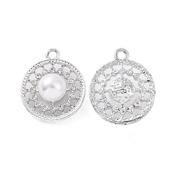 Platinum Alloy Rhinestone Pendants, with ABS Plastic Imitation Pearl Beads, Flat Round Charm, Platinum, 22x18.5x9mm, Hole: 2.5mm