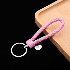 Pearl Pink PU Leather Knitting Keychains, Wristlet Keychains, with Platinum Tone Plated Alloy Key Rings, Pearl Pink, 12.5x3.2cm