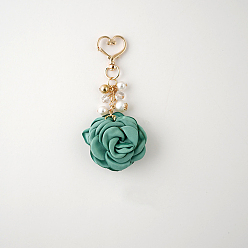 Sea Green Satin Rose Pendant Decorations, with Heart Lobster Claw Clasps, Sea Green, 105mm