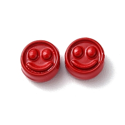 FireBrick Spray Painted Alloy Beads, Flat Round with Smiling Face, FireBrick, 7.5x4mm, Hole: 2mm