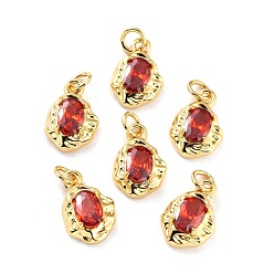 Red Brass Micro Pave Cubic Zirconia Pendant, Long-Lasting Plated, Real 18K Gold Plated, Oval, Red, 12x8x3mm, Hole: 2.6mm