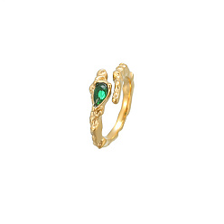 Green Golden Stainless Steel Open Cuff Ring, with Teardrop Glass, Green, US Size 8(18.1mm)