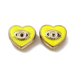 Amarillo Perlas de esmalte de la aleación, corazón con ojo de caballo, dorado, amarillo, 9x10x4 mm, agujero: 1.6 mm