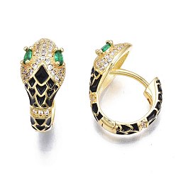 Black Green Cubic Zirconia Snake Huggie Hoop Earring, Real 18K Gold Plated Brass Enamel Chunky Hoop Earrings for Women, Nickel Free, Black, 20x18.5x10mm, Pin: 1.5mm