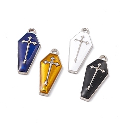 Mixed Color Alloy Enamel Pendants, Coffin with Cross Charm, Platinum, Mixed Color, 26x11.5x3mm, Hole: 1.8mm