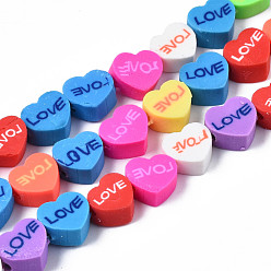 Mixed Color Handmade Polymer Clay Bead Strands, Heart with Word LOVE, for Valentine's Day, Mixed Color, 8~9x9~9.5x4~5mm, Hole: 1.6mm, about 40pcs/strand, 14.06 inch~14.57 inch(35.7~37cm)