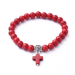 FireBrick Stretch Charm Bracelets, with Synthetic Turquoise(Dyed) Beads, Tibetan Style Alloy Tube Bails, Cross, FireBrick, Inner Diameter: 2-1/8 inch(5.4cm)