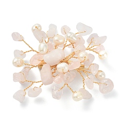Rose Quartz Natural Rose Quartz Chips & Pearl Beaded Flower Brooch Pin, Golden 304 Stainless Steel Wire Wrap Lapel Pin for Women, 45~55x55~60x10mm
