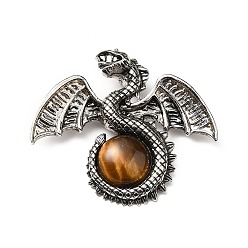 Tiger Eye Natural Tiger Eye Big Pendants, Dragon Charms, with Rack Plating Antique Silver Tone Alloy Findings, Cadmium Free & Lead Free, 49x56x12mm, Hole: 6~6.5mm
