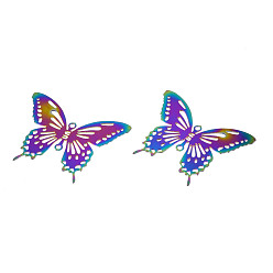 Rainbow Color Ионное покрытие (ip) 201 филигранные звенья из нержавеющей стали, гравированные металлические украшения, бабочка, Радуга цветов, 24x30x0.2 мм, отверстие : 1.2 мм
