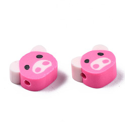 Hot Pink Handmade Polymer Clay Beads, Pig, Hot Pink, 7.5~9.5x8.5~10.5x4mm, Hole: 1.5mm