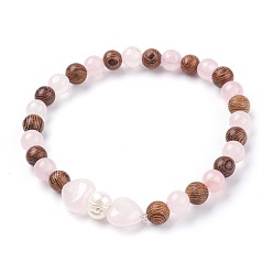 Rose Quartz Natural Rose Quartz Stretch Bracelets, with Grade B Pearl Beads and Wood Beads, 2 inch(5.2cm)~2-1/8 inch(5.4cm)
