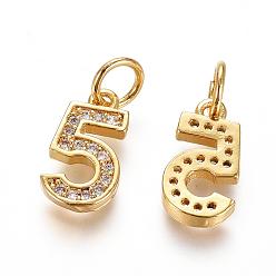 Number Brass Micro Pave Clear Cubic Zirconia Charms, with Jump Ring, Number, Golden, Num.5, 11.5x6.5x2mm, Hole: 3mm