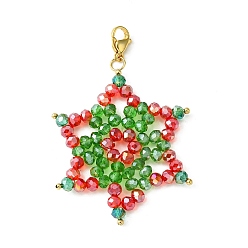 Colorful Christmas Snowflake Electroplate Glass Bead Woven Pendant Decorations, with 304 Stainless Steel Lobster Claw Clasps, Colorful, 60mm, Snowflake: 45x50mm