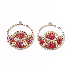 Red Polyester Thread Woven Pendants, with Glass Seed Beads and Light Gold Plated Alloy Findings, Flat Round with Fan, Red, 37.5x34.5x2mm, Hole: 1.8mm