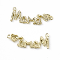 Real 18K Gold Plated Rack Plating Brass Micro Pave Clear Cubic Zirconia Connector Charms, Mother's Day Links Word Mama with Heart for Women, Cadmium Free & Lead Free, Long-Lasting Plated, Real 18K Gold Plated, 14x39x2.5mm, Hole: 1.6mm and 1.8mm