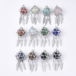 Mixed Color Alloy Cage Big Pendants, Hollow Round, with Synthetic Mixed Stone Round Beads, Antique Silver, Woven Net/Web with Feather, Mixed Color, 57~58x24x19.5mm, Hole: 8.5x3.5mm, Inner Diameter: 17mm, Bead: 15.5~16mm