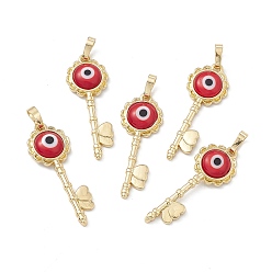 FireBrick Handmade Evil Eye Lampwork Pendants, with Rack Plating Real 18K Gold Plated Brass Findings, Long-Lasting Plated, Flower Key with Heart, FireBrick, 33x12x3.5mm, Hole: 4x7mm