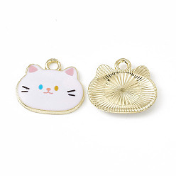 White Painted Alloy Pendants, Cat Charm, Cadmium Free & Nickel Free & Lead Free, Golden, White, 18x20x2.5mm, Hole: 2.3mm