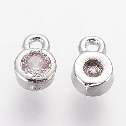 Platinum Brass Cubic Zirconia Charms, Flat Round, Platinum, 6x4x2mm, Hole: 1mm