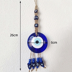 Blue Turkish Style Glass Flat Round with Evil Eye Pendant Decorations, Wood Beads and Hemp Cord Wall Hanging Decoration, Blue, 260x60mm