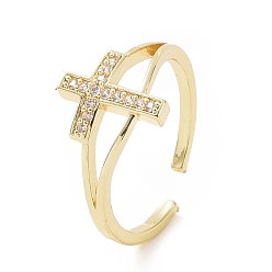 Oro Micro latón allanar anillos de circonio cúbico, anillo de puño abierto, anillo de cruz de religión para mujer, dorado, 1.5 mm, diámetro interior: 18 mm
