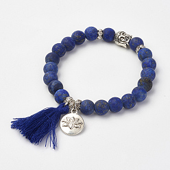 Lapis Lazuli Natural Lapis Lazuli(Dyed & Heated) Beads Stretch Bracelets, with Brass & Alloy Findings & Tassel Pendants, Frosted, Round & Buddha Head, Burlap Packing, 2-1/8 inch(53mm)
