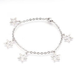 Stainless Steel Color 304 Stainless Steel Charm Bracelets, with Lobster Claw Clasps, Star, Stainless Steel Color, 8-1/8 inch(20.5cm), 2mm, Star: 14.5x12.5x0.7mm